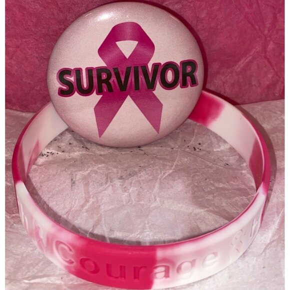 GF Variety Shop Jewelry - Breast Cancer Awareness Silicone Bracelet/Inspirational Button Pin Bundle